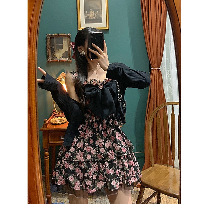 Set Áo Khoác Cardigan Và Đầm Hai Dây Dệt Kim Phong Cách Hong Kong Cổ Điển Cho Nữ