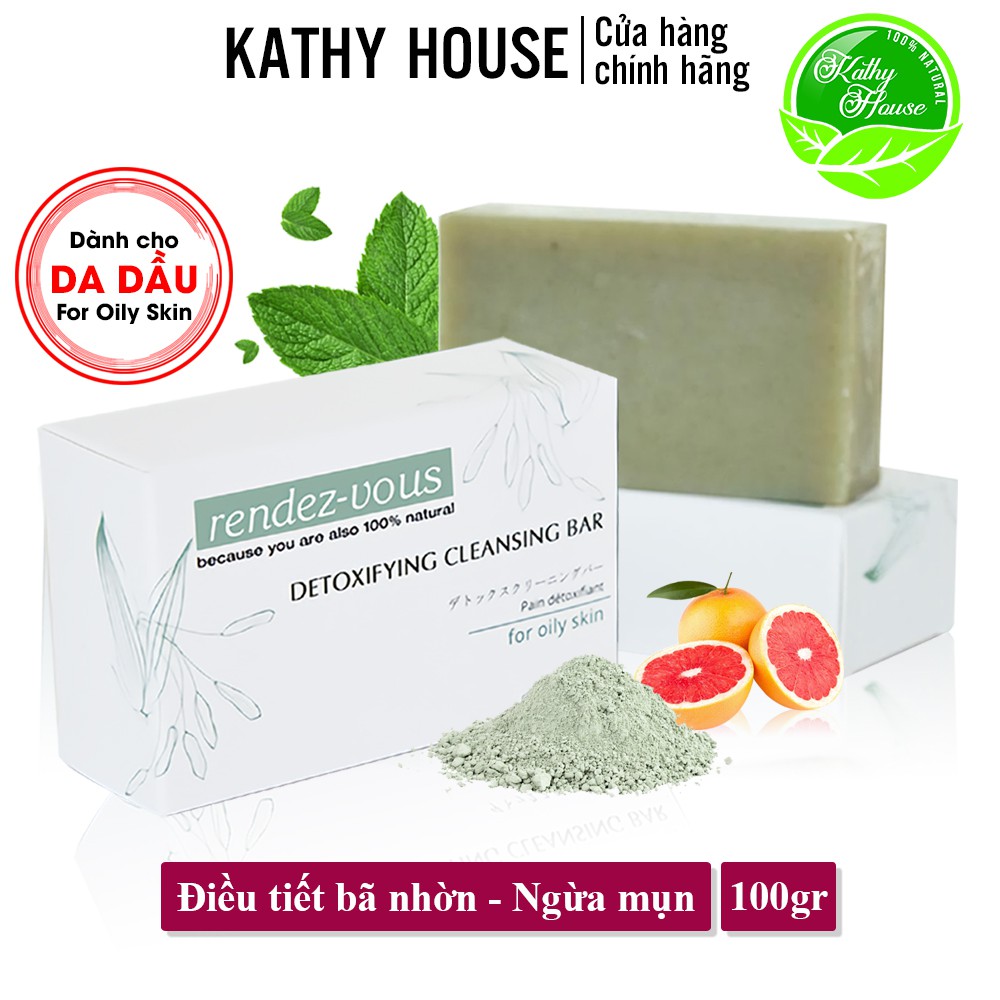 Xà phòng rửa mặt đất sét xanh rendez-vous detoxifying cleansing bar, giải độc tố, dành cho da dầu 100g