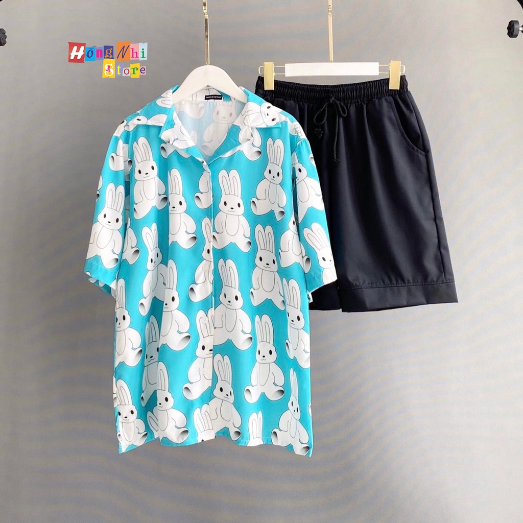 Áo Sơ Mi Họa Tiết Đi Biển Con Thỏ Trắng Hoạt Hình Tay Lỡ Dáng Rộng Ulzzang Unisex - MM