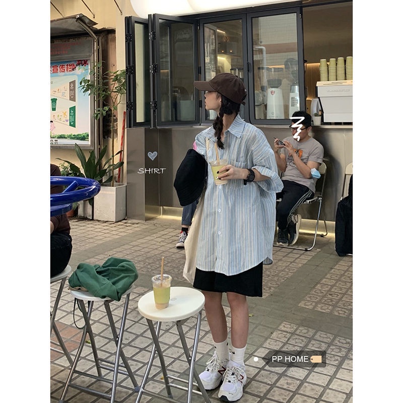 Áo sơ mi tay ngắn dáng rộng họa tiết kẻ sọc phong cách Hàn Quốc thời trang mùa hè năng động cho nữ