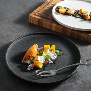  Đĩa sứ tròn phẳng Vân Nhám 2 màu đen trắng đĩa nhà hàng cao cấp phong cách Bắc Âu 