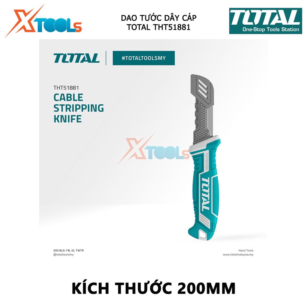Dao tước dây cáp lưỡi thẳng TOTAL THT51881 | dụng cụ tuốt dây điện Kích thước 200mm, Chất liệu thép không gỉ, Có nắp vỏ
