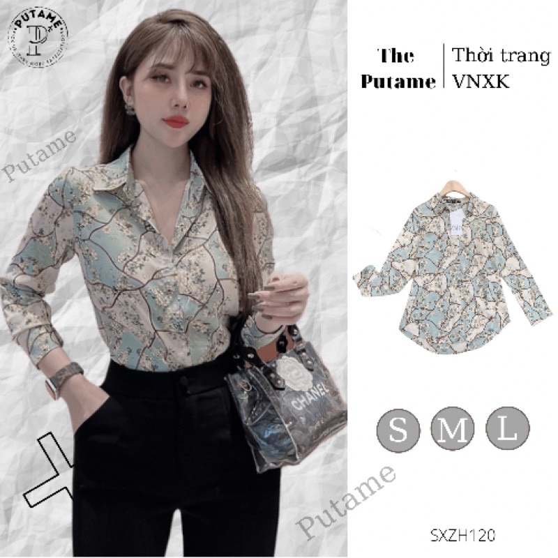 Sơ mi lụa nữ phối hoạ tiết hoa văn màu xanh dáng suông sang trọng cao cấp Vnxk PUTAME