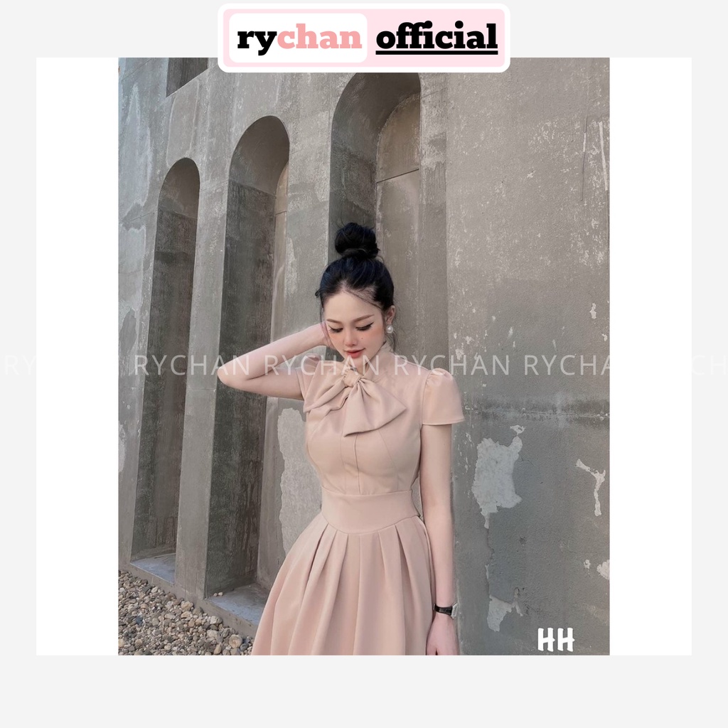 Đầm Xòe Midi Tay Hến Chiết Eo Cổ Đính Nơ [Ảnh Thật Cuối] - DX0070