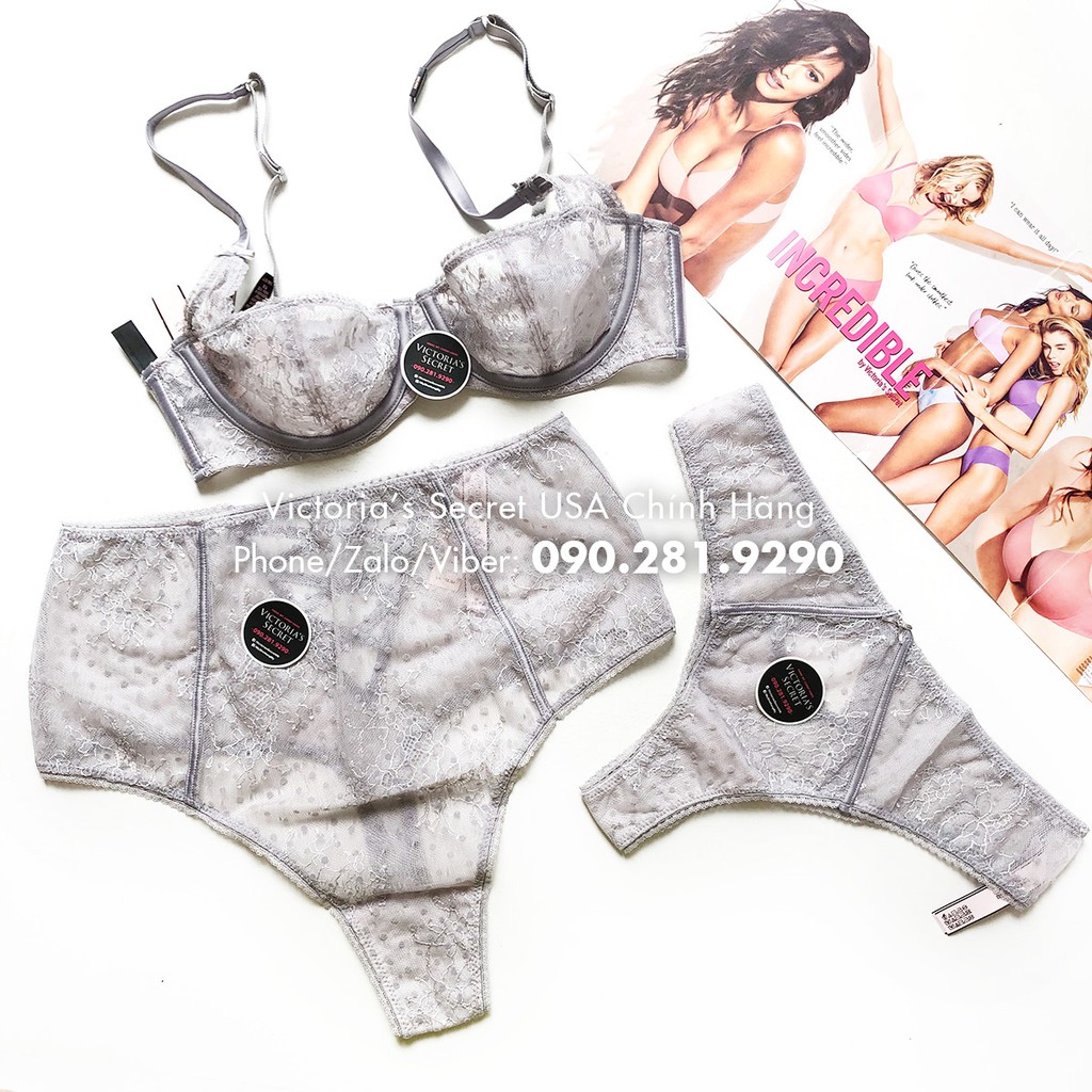 (Hàng Auth) B70 - Áo Vic Mỹ xám khói (94) ren xinh sexy, có gọng, không mút, Silver Bell - Victoria's Secret