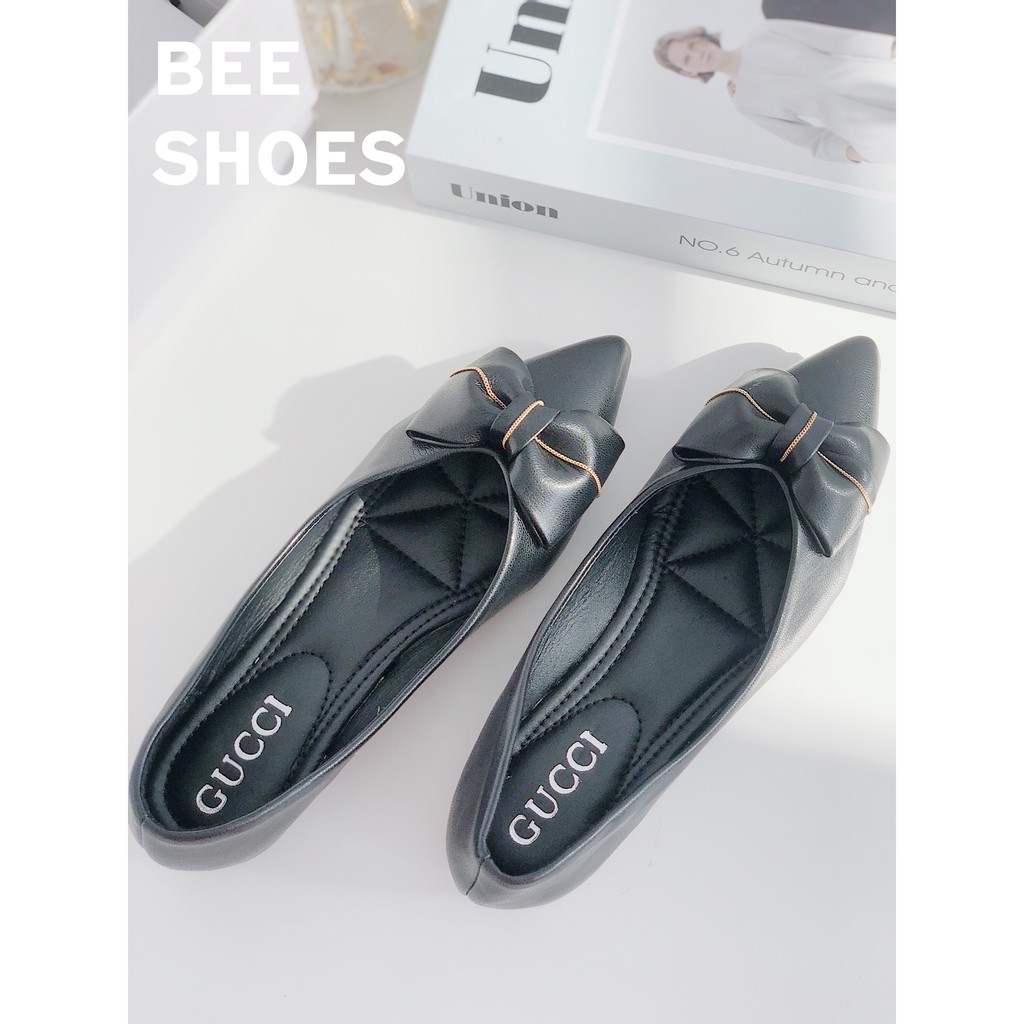 BEESHOES - GIÀY BÚP BÊ NỮ MŨI NHỌN HỌA TIẾT NƠ - GIÀY BÚP BÊ NỮ ĐẾ BỆT DA LÌ SẴN MÀU ĐEN - KEM 201037 | BigBuy360 - bigbuy360.vn