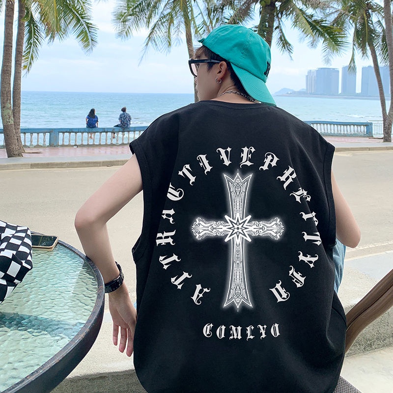 Áo Thun Sát Nách Dáng Rộng In Chữ Thập Phong Cách Hip Hop Thời Trang Đường Phố Cho Nam