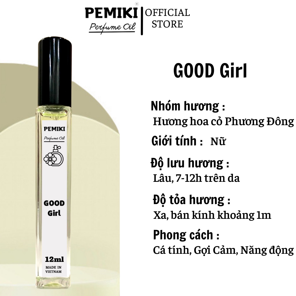 Tinh Dầu Nước Hoa PEMIKI Good Girl Cá Tính, Gợi Cảm, Năng Động 12ml - Dạng Xịt Tiện Lợi