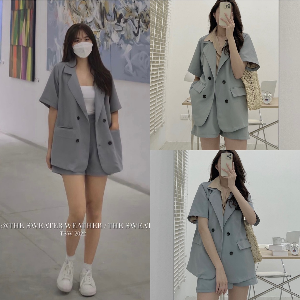 Set áo vest trơn basic cộc tay kèm quần short form oversize, set áo khoác blazer kèm quần