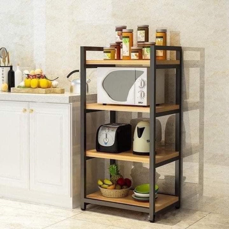 KỆ LÒ VI SÓNG 4 TẦNG KHUNG SẮT MẶT GỖ