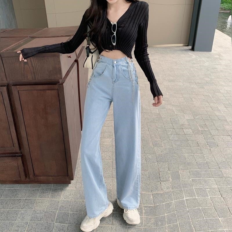 {HCM / CÓ SẴN} QUẦN JEAN NỮ ỐNG RỘNG ĐAN XÍCH HÔNG QQ03 THỜI TRANG NỮ ULZZANG HÀN QUỐC