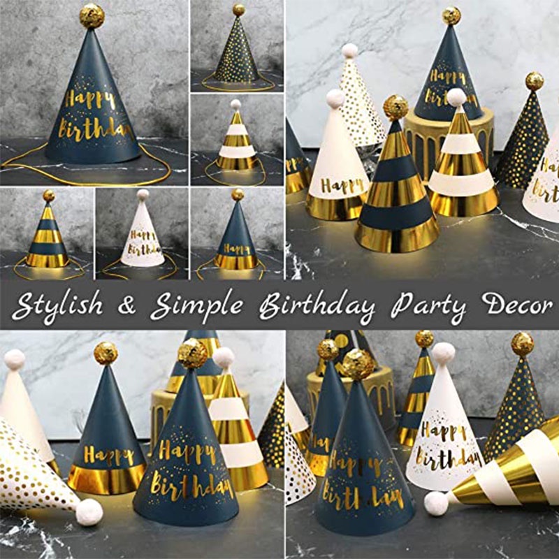 Set 12 Nón Giấy Sinh Nhật Màu Vàng Đen Đính Bóng Lông Trang Trí Cho Bé