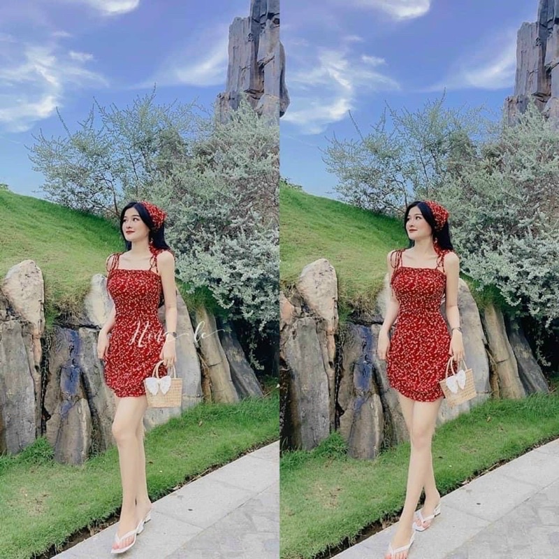 ♥️♥️ĐẦM HOA ĐỎ KÈM KHĂN