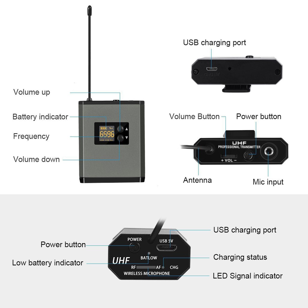 Micro cài áo không dây, micro quàng đầu không dây UHF dùng pin sạc, chất lượng âm tốt