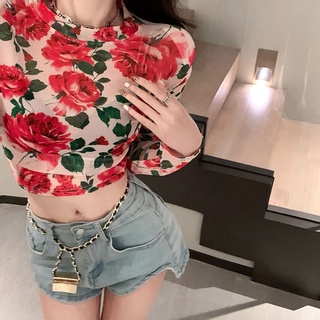 Áo Thun Tay Dài Hở Rốn In Họa Tiết Hoa Hồng Phong Cách Cổ Điển Kiểu Mới
