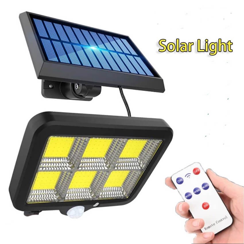 Đèn pha năng lượng mặt trời 6 Cob 120 Led Pin rời kèm điều khiển từ xa 3 chế độ cảm biến chuyển động