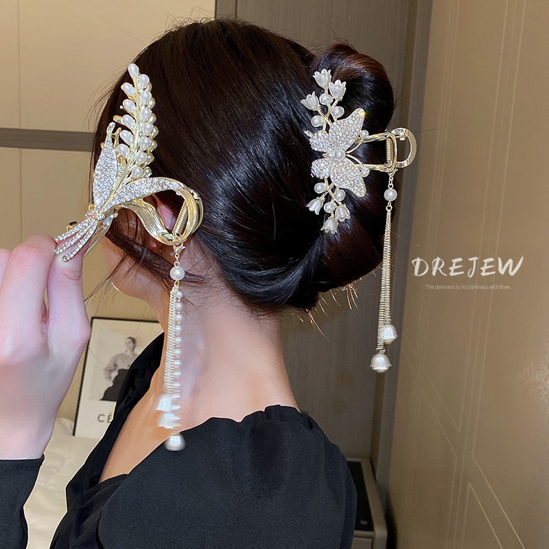 DREJEW Kẹp Tóc Tua Rua Hình Bướm Đính Đá Ngọc Trai Sang Trọng Phong Cách Nhật Hàn Cho Nữ