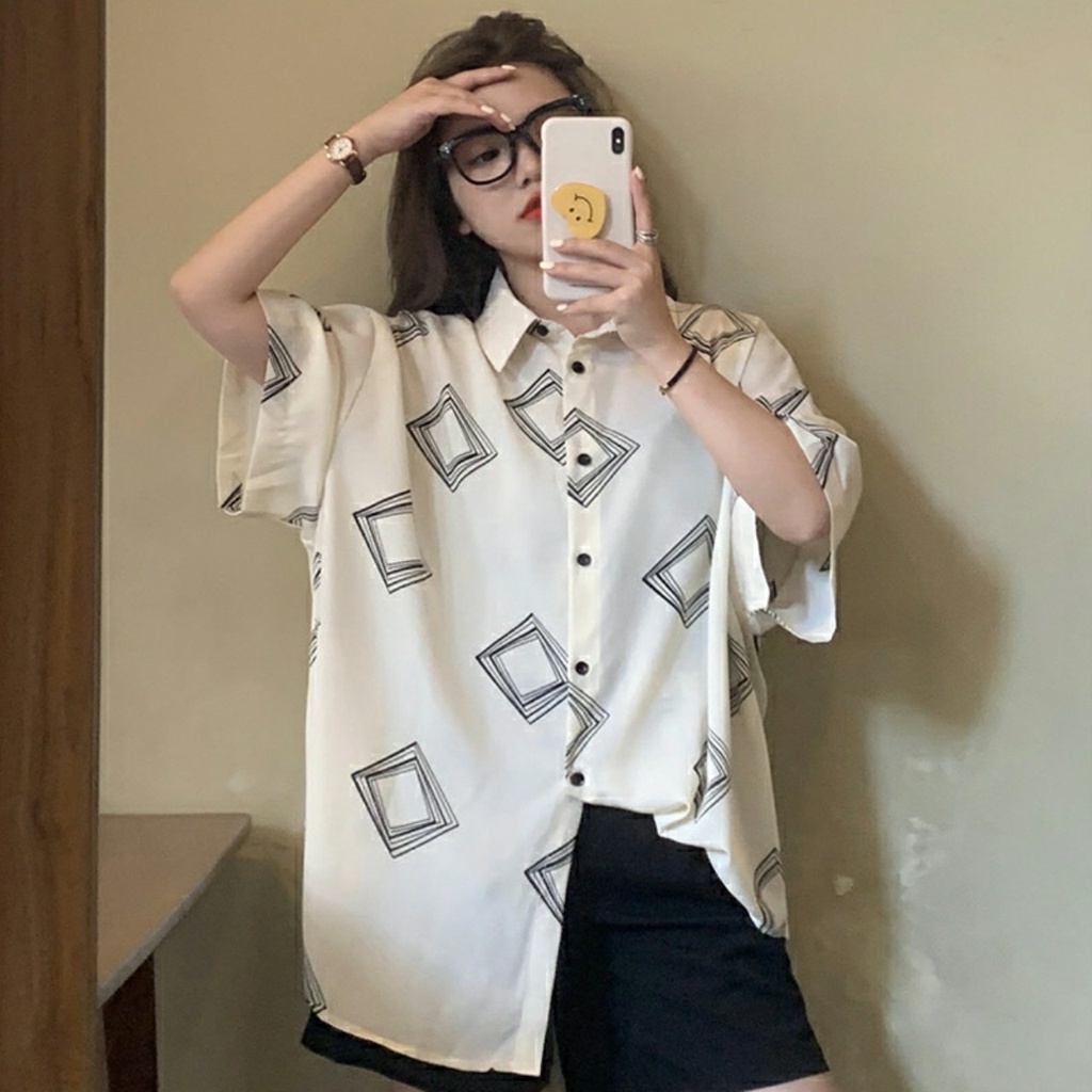 Áo sơ mi nữ kiểu form rộng tay lỡ Vanessa Stylish chất liệu đũi trơn mịn mát in hình Ô Vuông Đen Trắng SMH.40