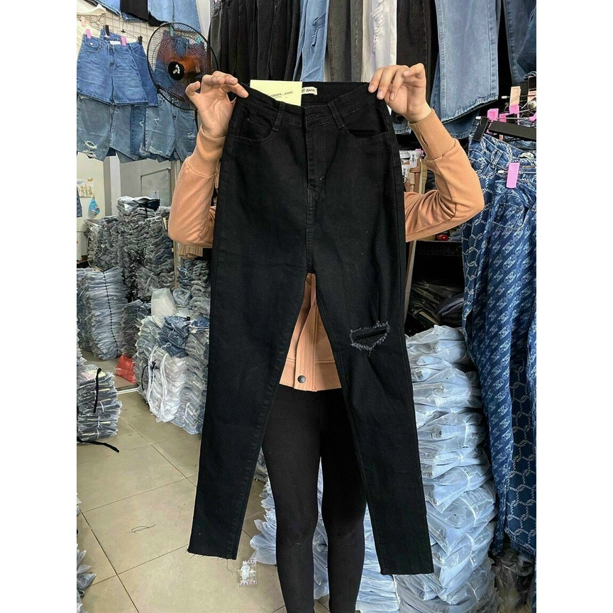 Quần jean đen muối tiêu rách đùi, gấu tua lai kiểu dành cho Bigsize, lưng cao, co dãn mạnh