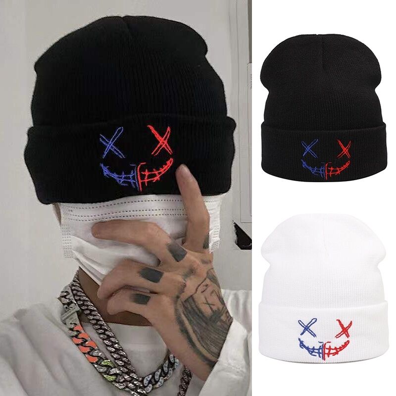 Hàng Sẵn Sàng!Mũ Trùm Đầu Dệt Kim Thêu Hình Mặt Cười Phong Cách Hip Hop Unisex