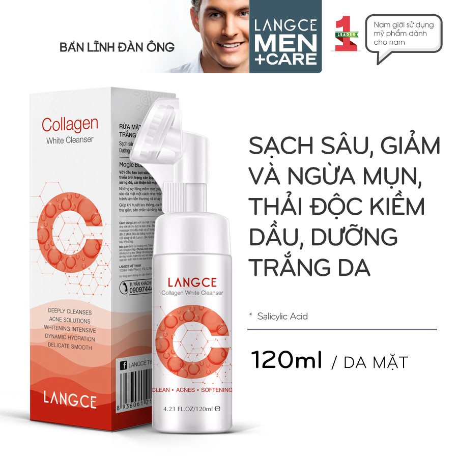 RỬA MẶT COLLAGEN TRẮNG DA ĐẦU CỌ MASSAGE 120ml (HỘP ĐỎ) LANGCE DÀNH CHO NAM