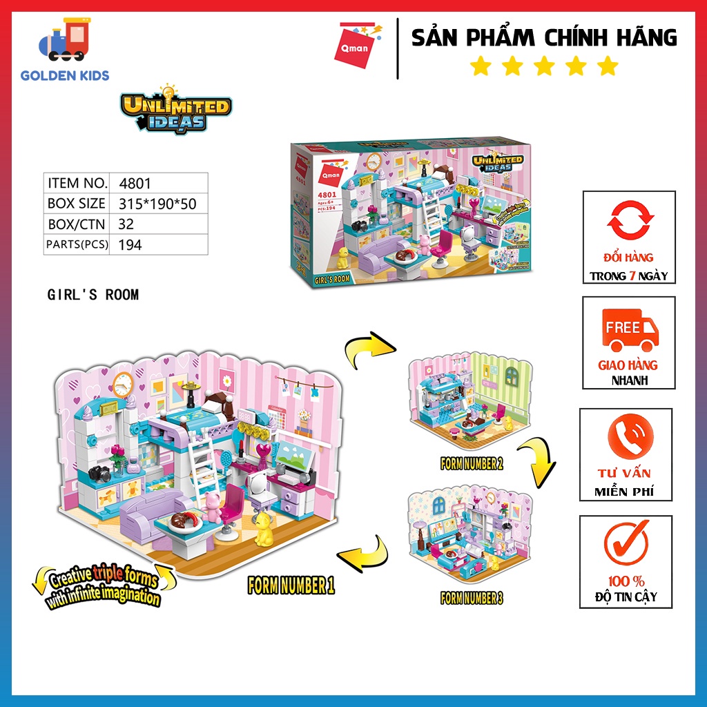 Đồ chơi xếp hình lego căn phòng búp bê hiện đại 3 trong 1 QMAN 4801 (194 chi tiết) - Đồ chơi giáo dục