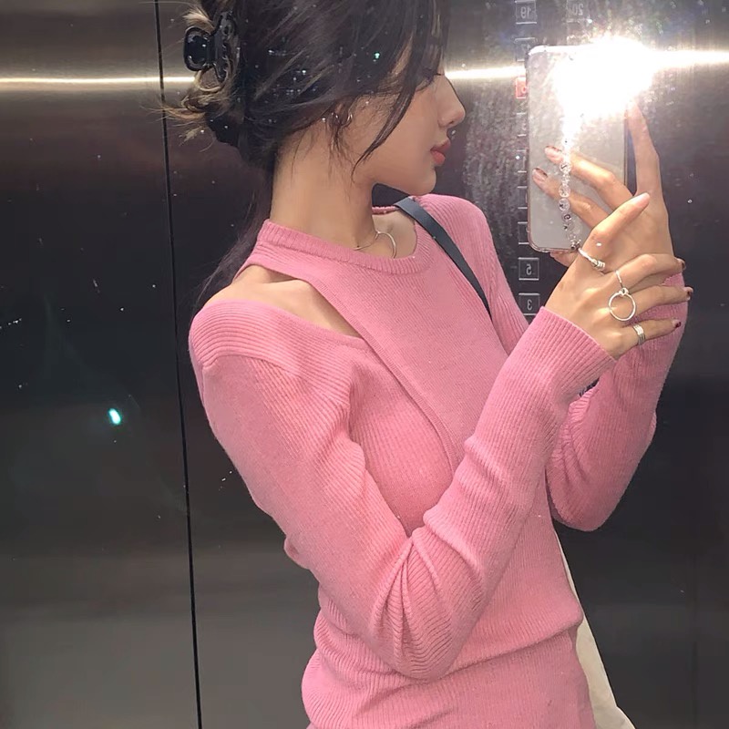 Áo khoác sweater dệt kim màu hồng đào giả hai lớp thời trang thu đông thanh lịch cho nữ