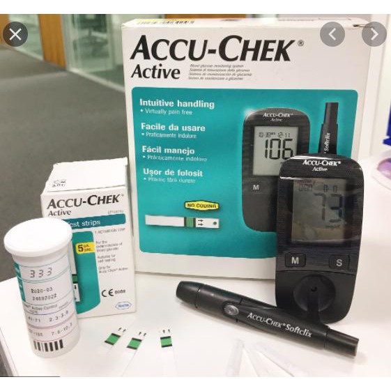 [Chính hãng] Hệ thống máy đo đường huyết Accu-Chek Active mmol/L Kèm Dụng cụ lấy máu Softclix, 10 kim, hộp 10 que