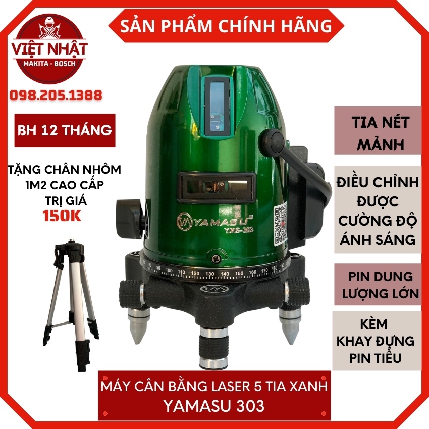Máy bắn cốt cân bằng laser YAMASU-303 phím cơ dễ thao tác, 5 tia xanh siêu mảnh, pin cài dung lượng 4400mah