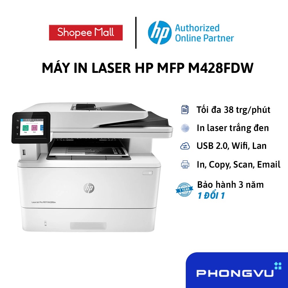 [Mã ELHP500 giảm 10% đơn 500K] Máy in laser trắng đen HP MFP M428FDW (W1A30A) - Bảo hành 36 tháng