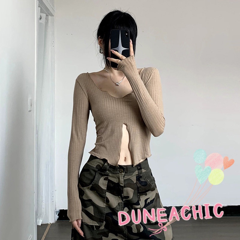 Áo Thun Tay Dài Phối Bèo Màu Trơn Thiết Kế Xẻ Tà Cá Tính