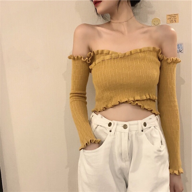 Áo Len Trễ Vai Tay Dài Nữ Hàn Quốc Sexy Kiểu Quyến Rũ Phong Cách Form Rộng Chất Đẹp Quảng Châu Cho Nữ T2C8