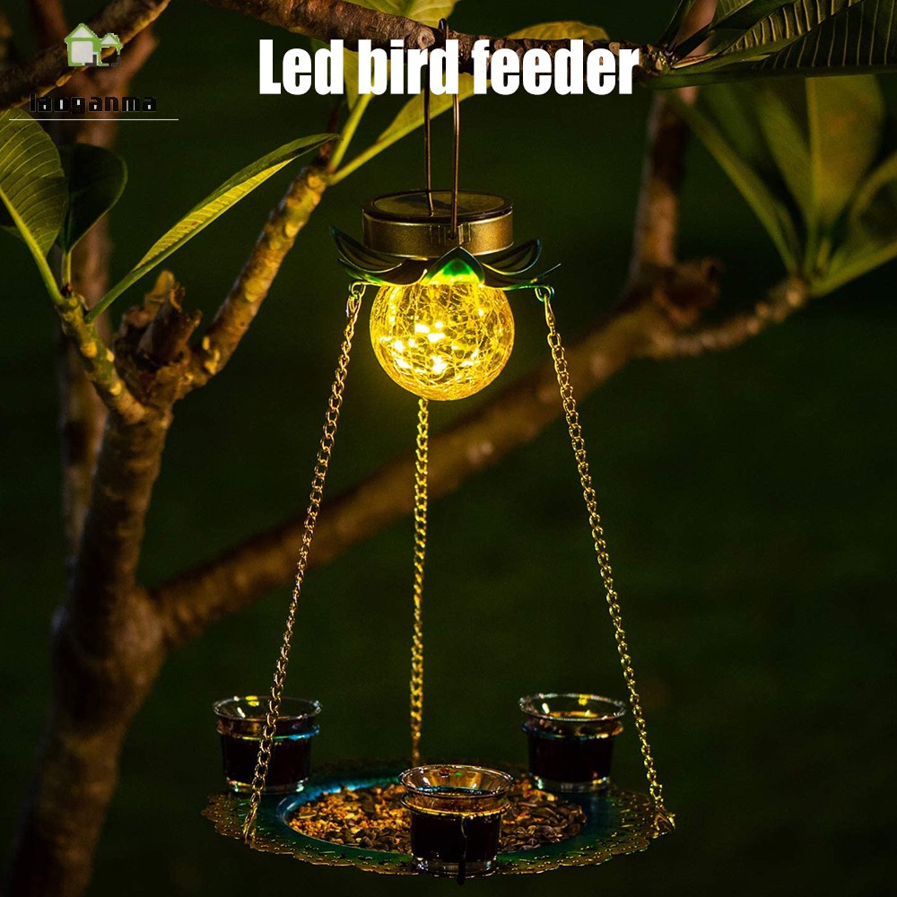 Solar Powered Birds Feeder Outdoor Hanging Waterproof Birds Food Tray Garden Metal Flower Decorative LED Lighting