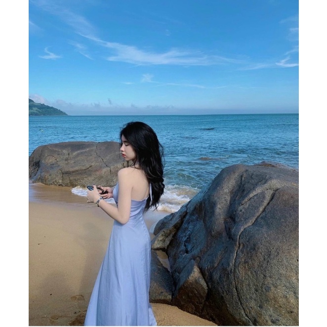 ĐẦM MIDI XANH CỔ V DÂY YẾM