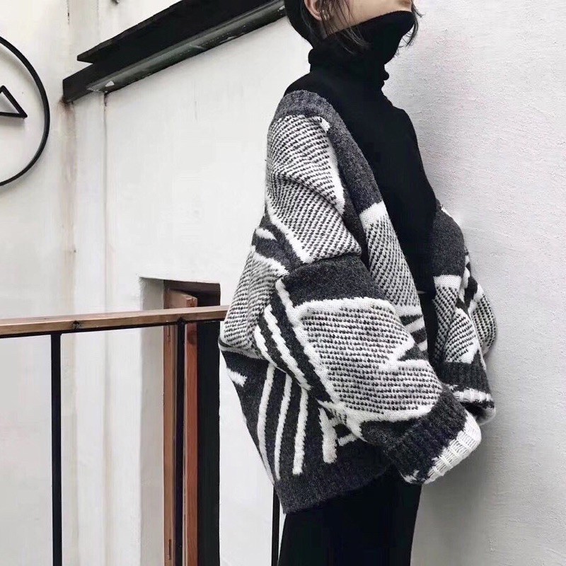 PINKYLA - Áo Khoác len tay dài Oversize - KOOL NGẦU - họa tiết kẻ trắng đen