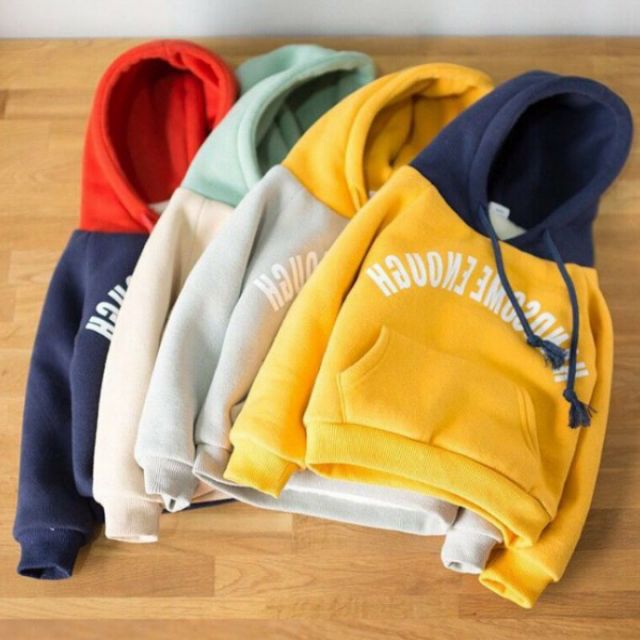 Áo nỉ hoodie cho bé mũ phối khác màu, có túi trước cực đẹp chất nỉ bông ấm áp