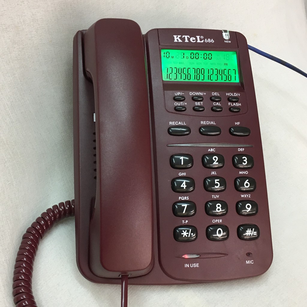 Điện thoại văn phòng, điện thoại khách sạn, gia đình, loại có dây để bàn, có màn hình hiện số gọi tới. 686