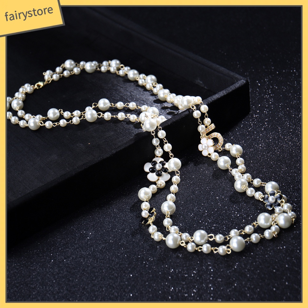 Dây chuyền dài hai lớp nhiều mặt họa tiết xỏ ngọc trai giả cho nữ