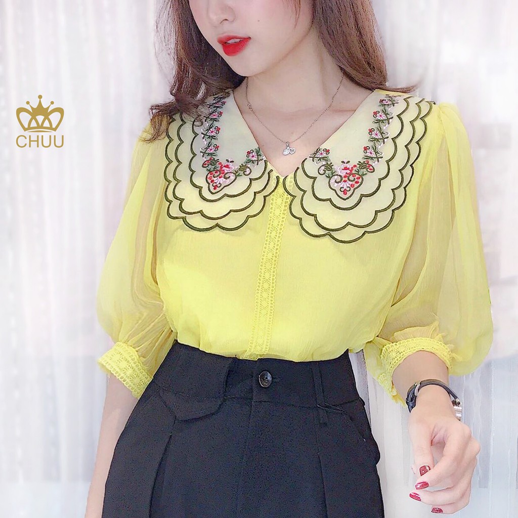 Áo sơ mi voan tơ cổ thêu tay phồng tiểu thư CHUU A6859