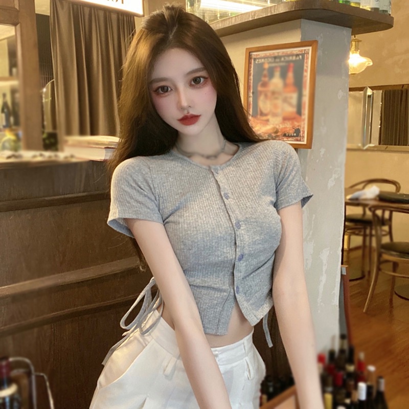 Áo Thun Crop Top Tay Ngắn Cổ Tròn Dáng Ôm Thiết Kế Độc Đáo Thoáng Khí Thời Trang Cho Nữ