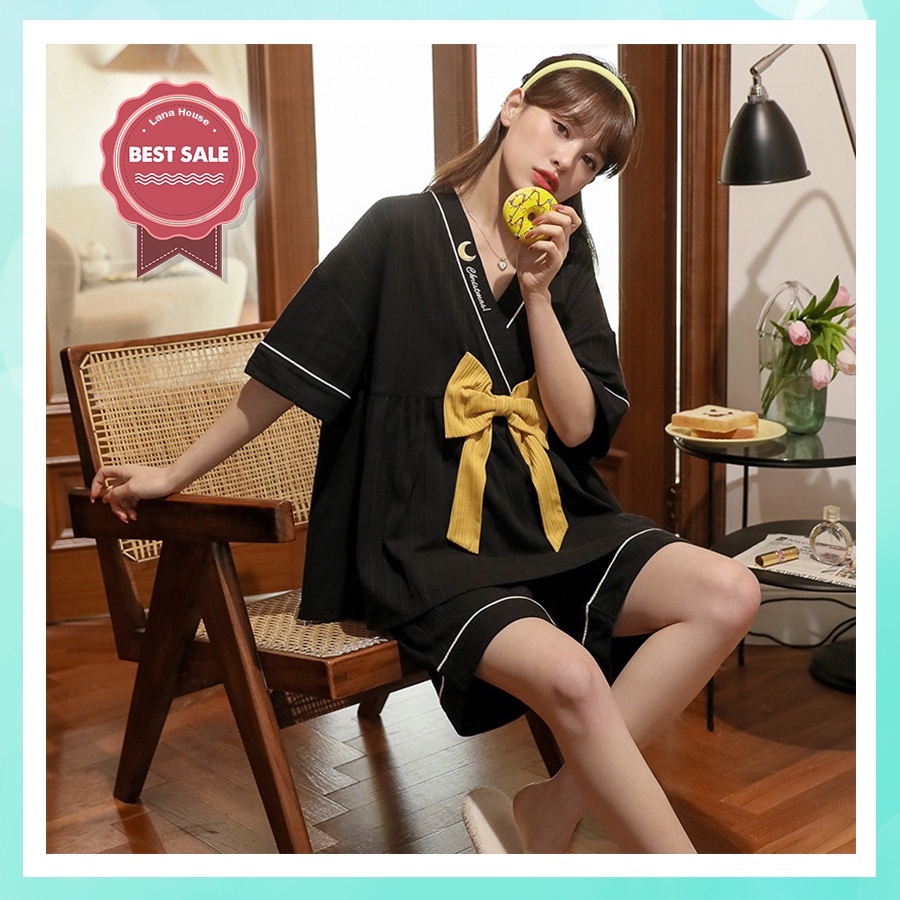 Đồ ngủ kimono tiểu thư mặc nhà cao cấp tay cộc quần cộc chất cotton gân tăm mềm mịn BCC21