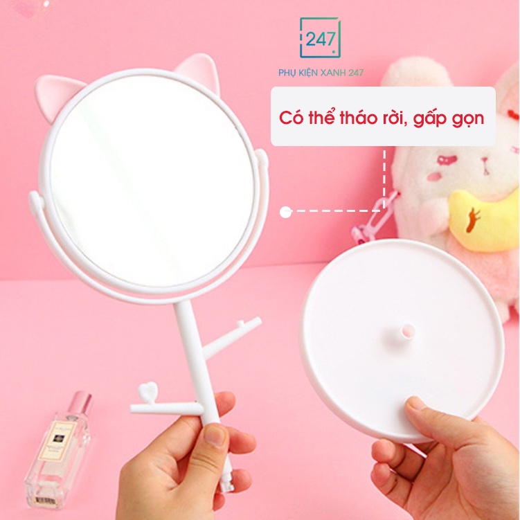 Gương tai mèo cute, gương để bàn trang điểm kiểu dáng Hàn Quốc xoay 360 độ gấp gọn, siêu tiện dụng