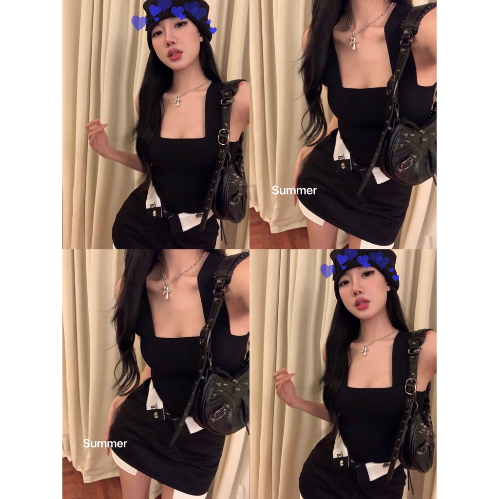 QADCOL  Bộ Áo Dệt Kim Ôm Dáng Màu Đen + Chân Váy Thiết Kế Cổ Tay Đẹp Mắt Cho Nữ