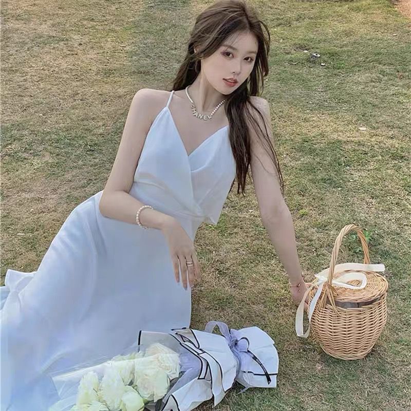 [MURIOKI] Đầm Hai Dây Hở Lưng Màu Trắng Phong Cách Pháp Thời Trang Đi Biển Quyến Rũ Cho Nữ