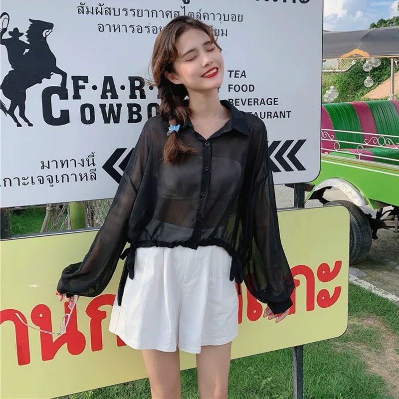 Áo sơ mi nữ croptop kiểu cột dây tay dài form rộng vải mỏng hàng Quảng Châu ANDOSA SM23