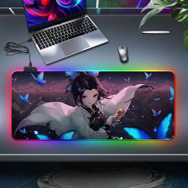 Thảm lót chuột chơi game có đèn LED RGB in hình Anime Demon Slayer kèm cáp