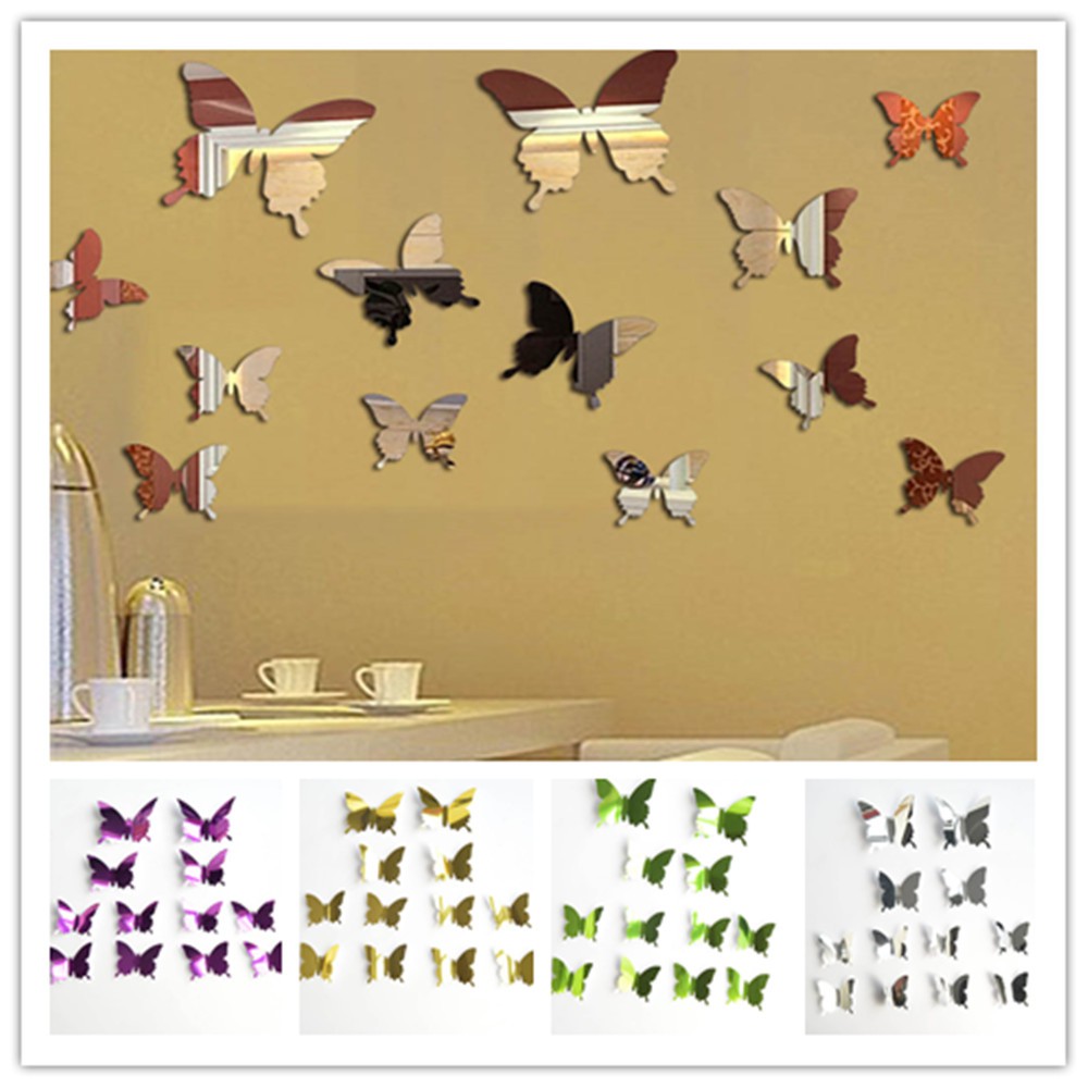 12 Sticker bươm bướm 3D mặt gương trang trí tường cho tiệc cưới độc đáo