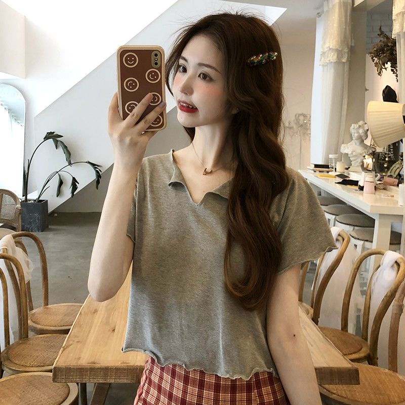 Jiashucheng Áo Thun Ngắn Tay Dài Dáng Rộng Viền Ren Hoa Sen Phong Cách Hàn Quốc Thời Trang Cho Nữ