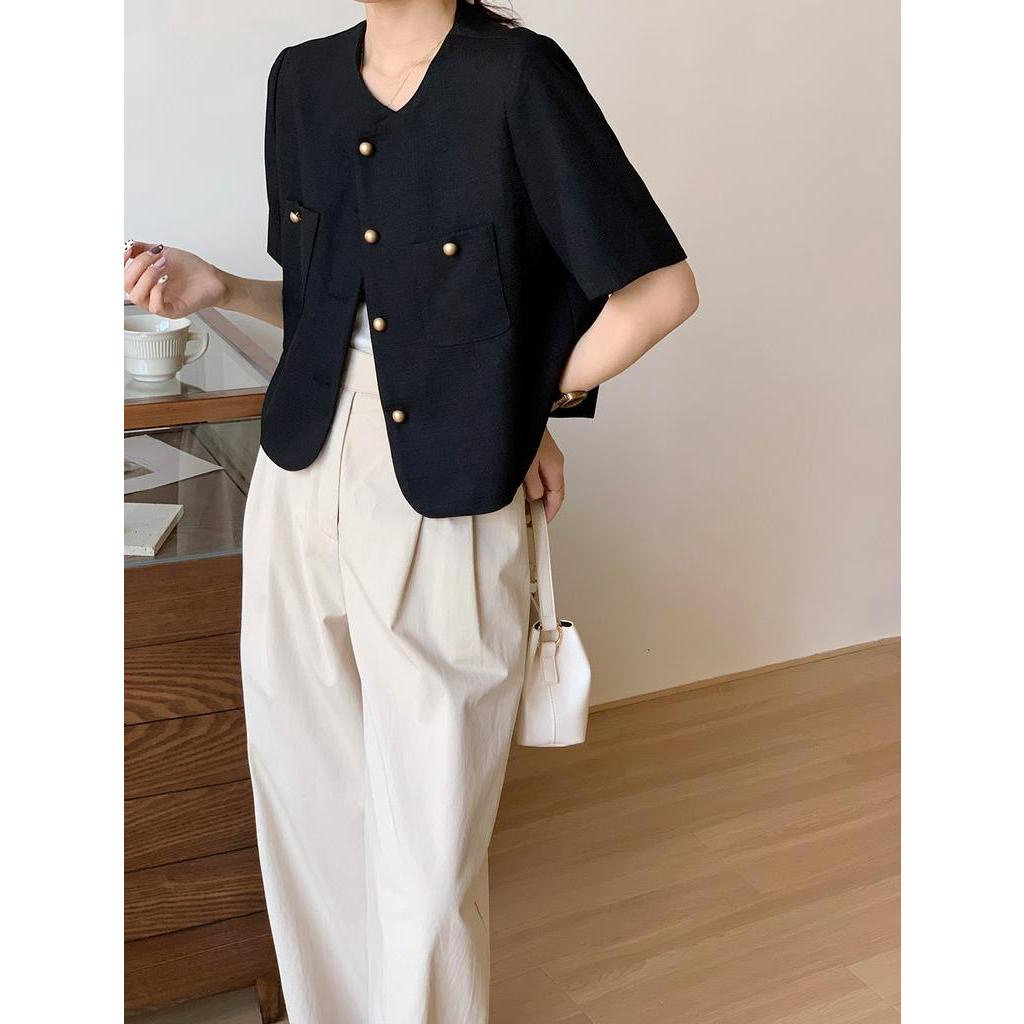 Áo Khoác Vest Tay Ngắn Cài Nút Kim Loại Phong Cách Pháp Thời Trang Mùa Hè Hàng Mới 64066