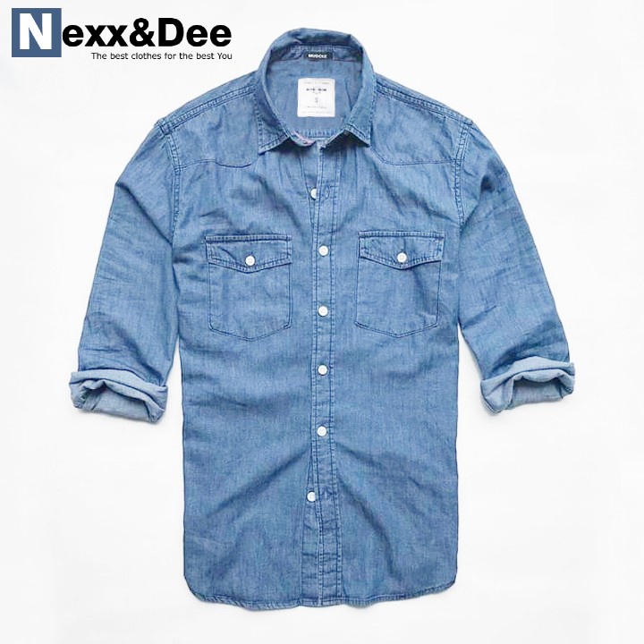 Áo sơ mi nam denim Nexx &amp; Dee tay dài vải jean mềm hai túi công sở trung niên ND03
